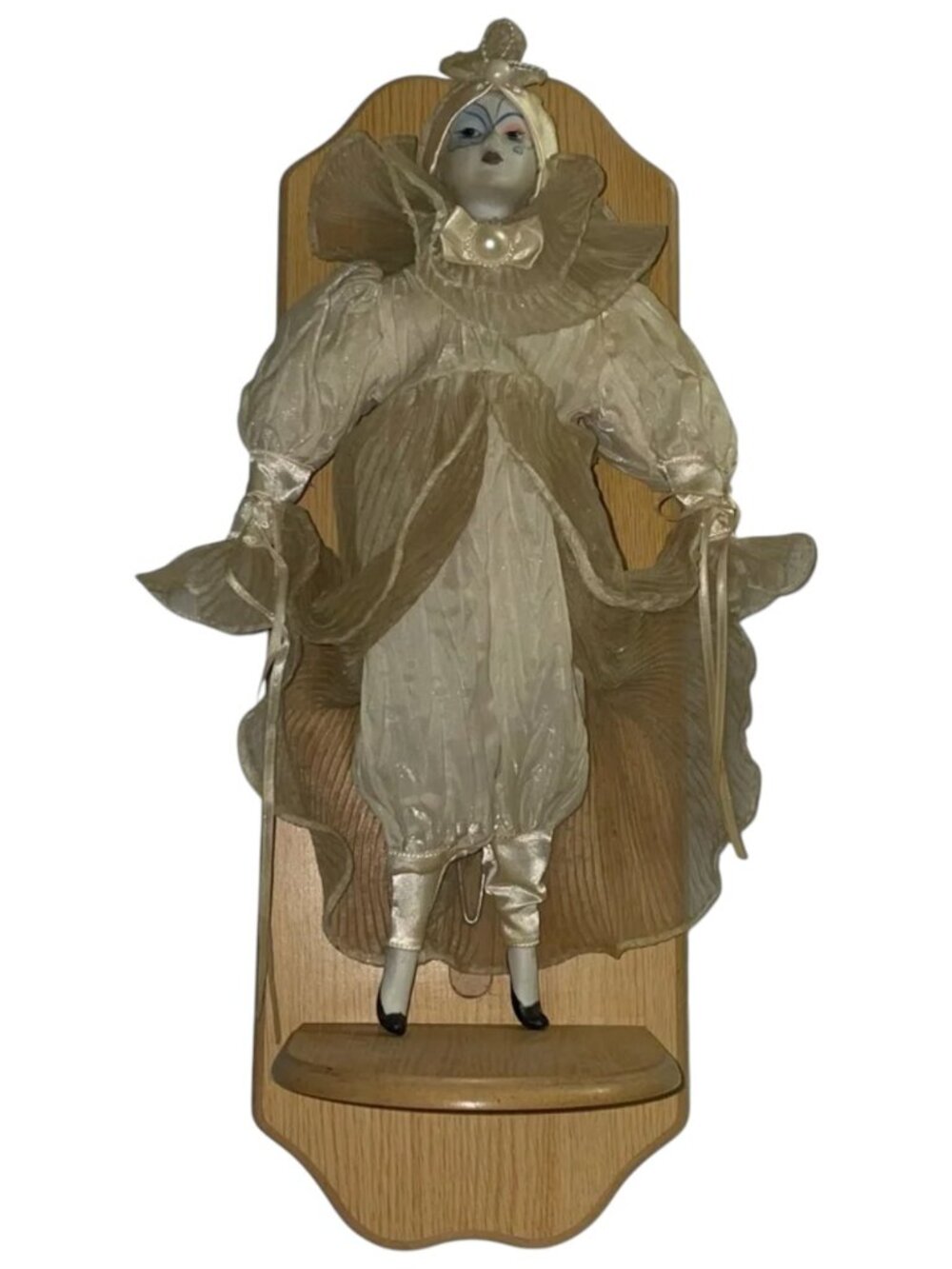 Vintage Women in Gold Outfit Porcelain Doll on Wooden Plaque